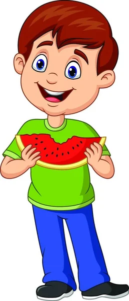 Cartoon Junge Isst Wassermelonenscheibe — Stockvektor