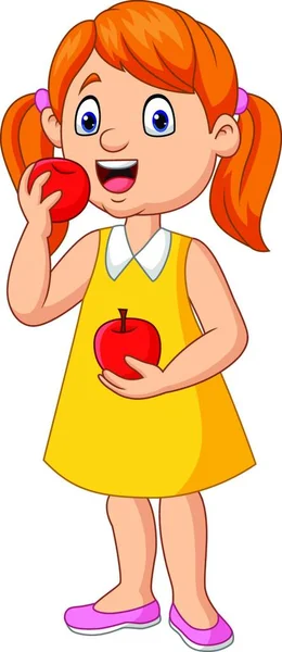 Dibujos Animados Niña Comiendo Manzanas — Vector de stock
