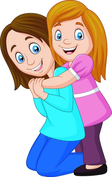 Cartoon Ευτυχισμένη Κοπέλα Αγκαλιάζει Μητέρα Της — Διανυσματικό Αρχείο