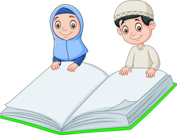 Γελοιογραφία Μουσουλμάνων Αγόρι Και Μουσουλμάνων Κορίτσι Κρατώντας Ένα Τεράστιο Βιβλίο — Διανυσματικό Αρχείο