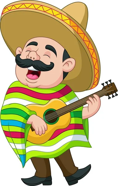 Caricatura Del Mexicano Tocando Guitarra Cantando — Vector de stock