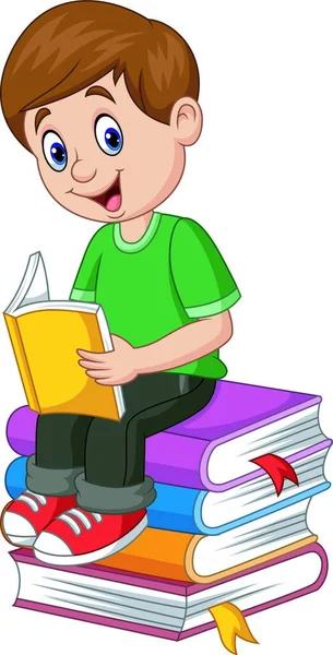 Γελοιογραφία Μικρό Αγόρι Ανάγνωση Βιβλίο — Διανυσματικό Αρχείο