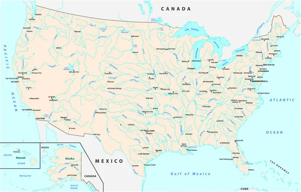 Mapa Spojených Států Velkými Městy Řekami Jezery — Stockový vektor