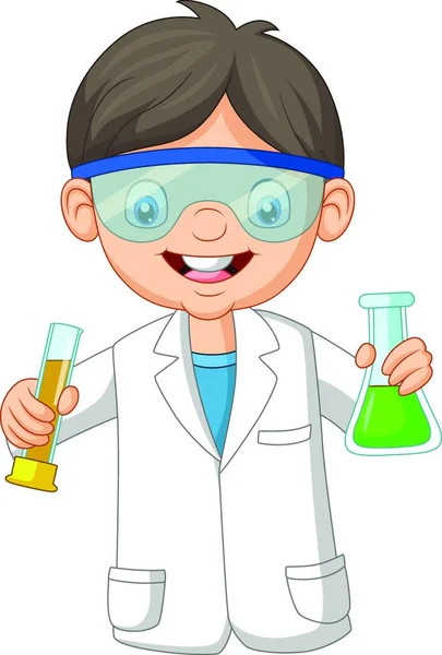 Cartoon Boy Cientista Segurando Dois Tubo Ensaio — Vetor de Stock