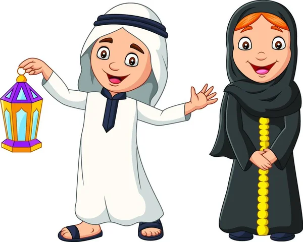 Crianças Muçulmanas Árabes Felizes Com Lanterna Ramadã —  Vetores de Stock