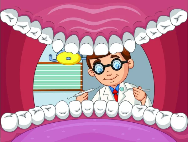 Γελοιογραφία Οδοντίατρος Έλεγχο Των Δοντιών Ανοιχτό Στόμα Του Ασθενούς — Διανυσματικό Αρχείο