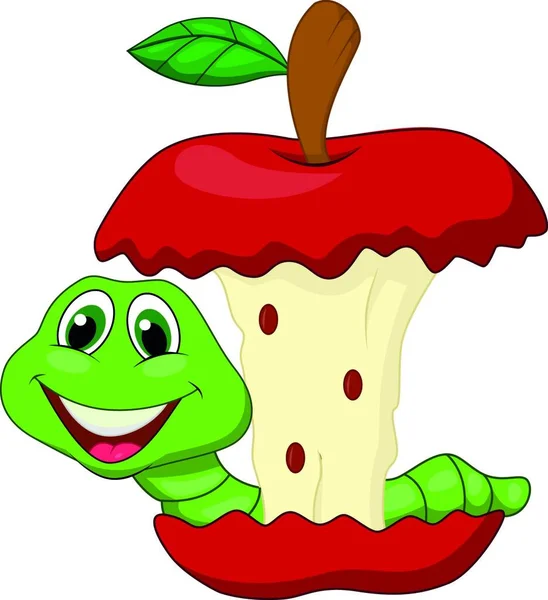 Worm Eating Red Apple Cartoon — Stock Vector