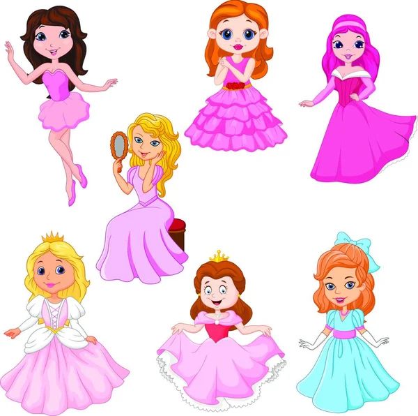 Set Cute Cartoon Princesses Isolated White Background — Stock Vector