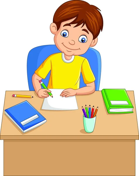 Cartoon Kleiner Junge Lernt Auf Dem Tisch — Stockvektor