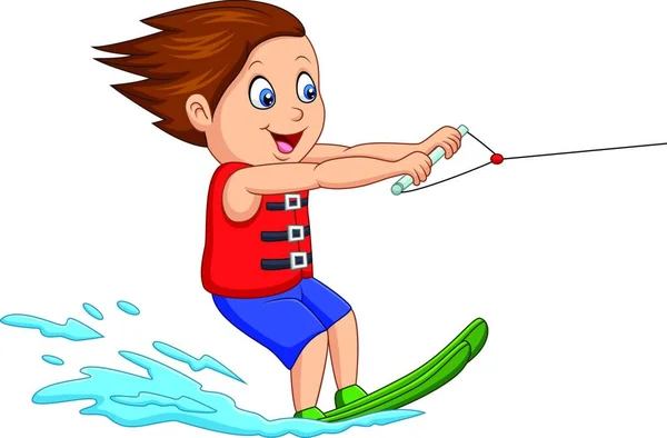 Cartoon Jongen Spelen Waterskiën — Stockvector