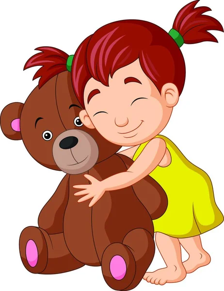 Cartoon Menina Abraçando Ursinho Pelúcia — Vetor de Stock