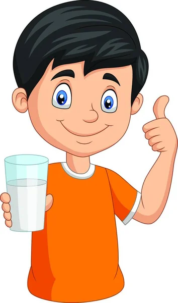 Cartoon Little Boy Glass Milk Giving Thumb — Stock Vector