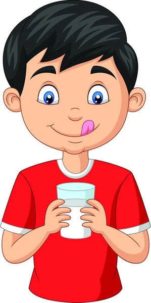 Cartoon Little Boy Holding Glass Milk — Stock Vector