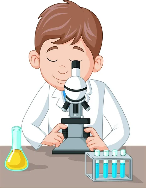 Fiatal Fiú Mikroszkóppal Laboratóriumban — Stock Vector