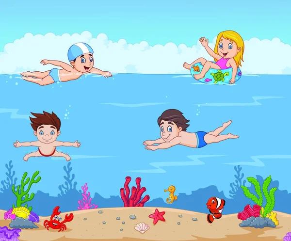 Crianças Dos Desenhos Animados Nadando Oceano Tropical — Vetor de Stock