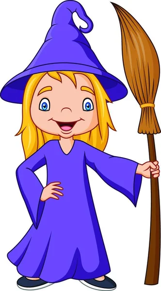 漫画の小さな魔女保持Broomstick — ストックベクタ