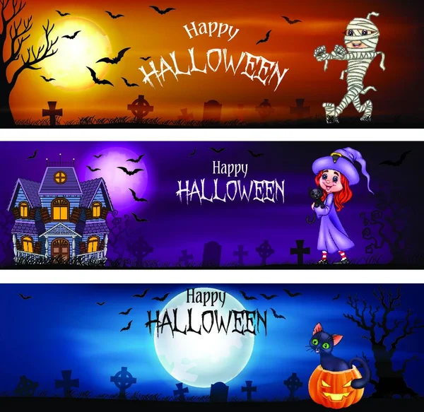Trois Ensembles Bannières Halloween — Image vectorielle