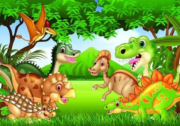 Cartoon Dinossauros Felizes Que Vivem Selva —  Vetores de Stock