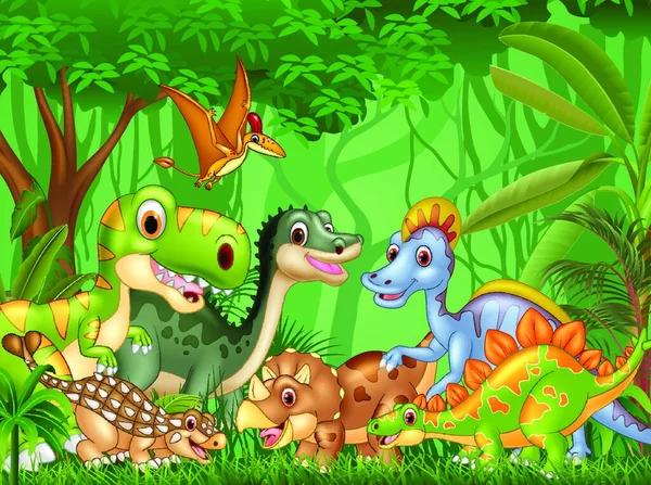 Cartoon Dinossauros Felizes Que Vivem Selva — Vetor de Stock