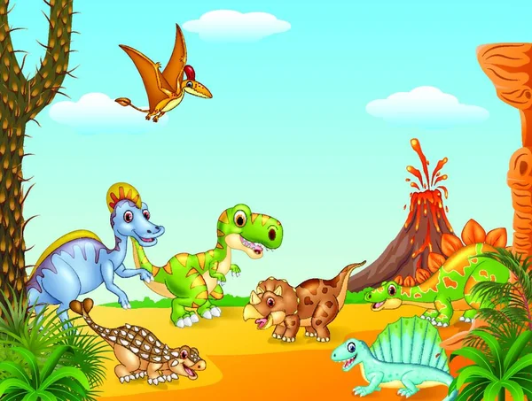 Desenhos Animados Dinossauros Felizes Com Vulcão —  Vetores de Stock