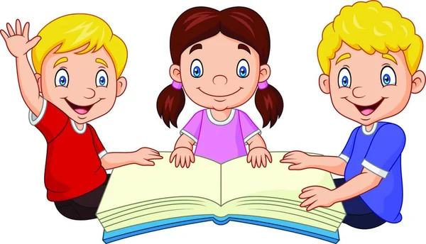 Bambini Felici Del Fumetto Che Leggono Libro — Vettoriale Stock