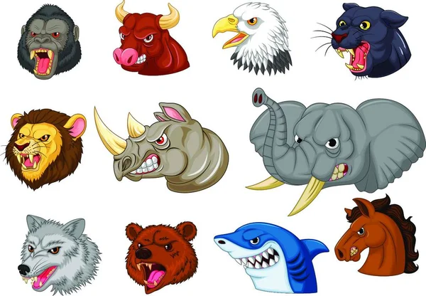 Cartoon Boos Dieren Hoofd Collectie Set — Stockvector