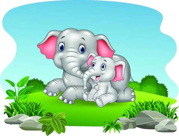 Dibujos Animados Madre Bebé Elefante Selva — Vector de stock