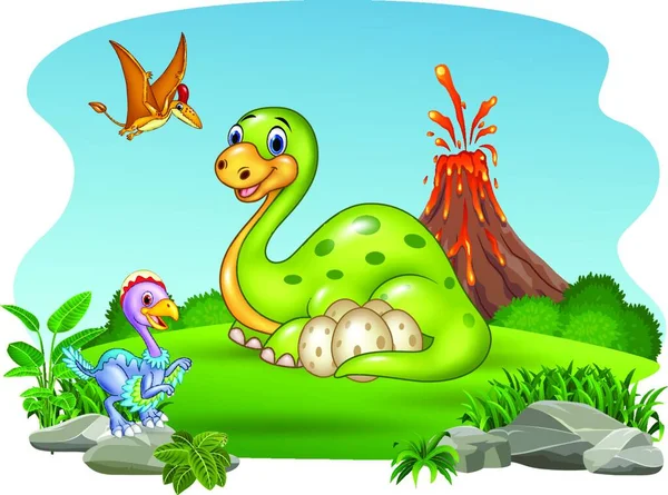 Dinossauro Dos Desenhos Animados Com Seus Ovos Selva — Vetor de Stock
