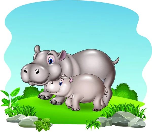 Γελοιογραφία Μητέρα Και Μωρό Ιπποπόταμος Στη Ζούγκλα — Διανυσματικό Αρχείο
