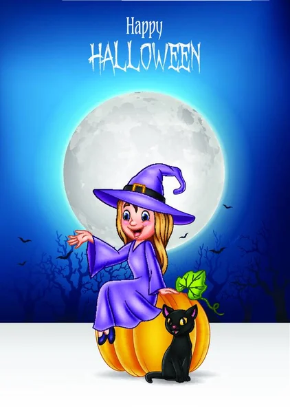 Caricature Petite Sorcière Assise Sur Citrouille Halloween Avec Chat Noir — Image vectorielle