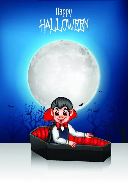 Dibujos Animados Vampiro Feliz Ataúd Con Fondo Halloween — Vector de stock