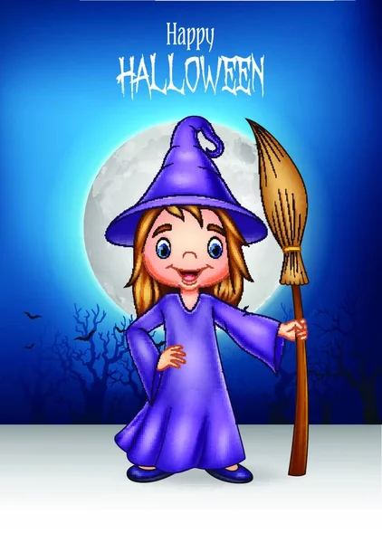 Karikatura Malá Čarodějnice Drží Koště Halloween Pozadí — Stockový vektor