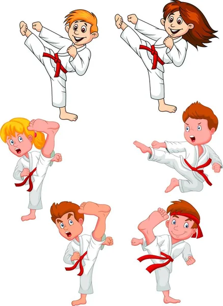 Dibujos Animados Poco Niño Entrenamiento Colección Karate — Vector de stock
