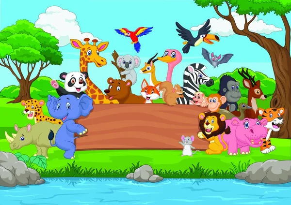 Cartoon Wild Dier Met Blanco Boord Jungle — Stockvector