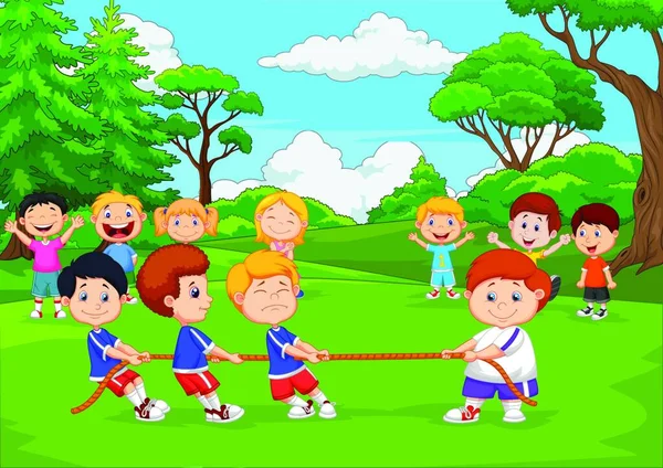 Dibujos Animados Grupo Niños Jugando Tirón Guerra Parque — Vector de stock