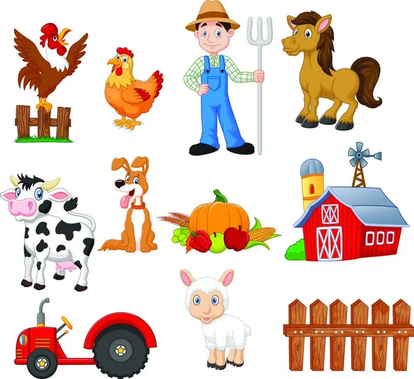 Jeu Dessin Animé Agricole Avec Agriculteur Tracteur Grange Animaux Fruits — Image vectorielle