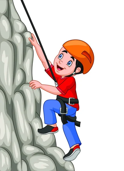 Desen Animat Fericit Băiat Alpinism Rock — Vector de stoc