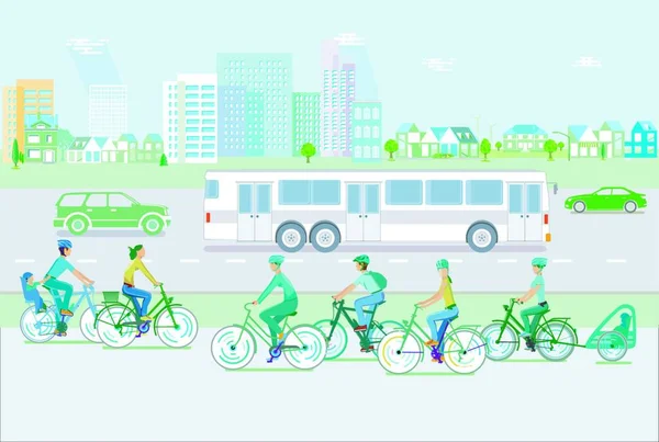 Paisaje Urbano Con Ciclistas Tráfico Por Carretera — Vector de stock