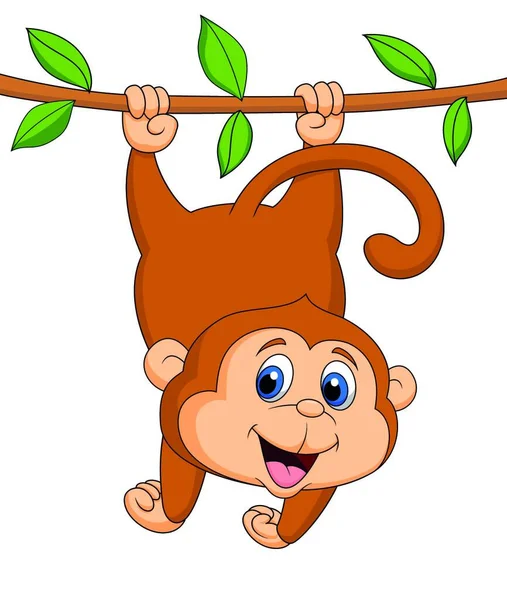 かわいい猿の漫画は木の枝にぶら下がっている — ストックベクタ
