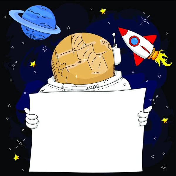 Αστροναύτης Στο Διάστημα Κρατώντας Ένα Λευκό Χάρτινο Πανό Πλανήτη Και — Διανυσματικό Αρχείο