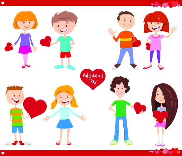 Иллюстрация Поздравительной Открытки Девушкой Влюбленным Сердце Мальчиком День Святого Валентина — стоковый вектор