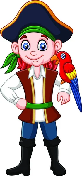 Capitán Dibujos Animados Pirata Con Pájaro Guacamayo — Vector de stock