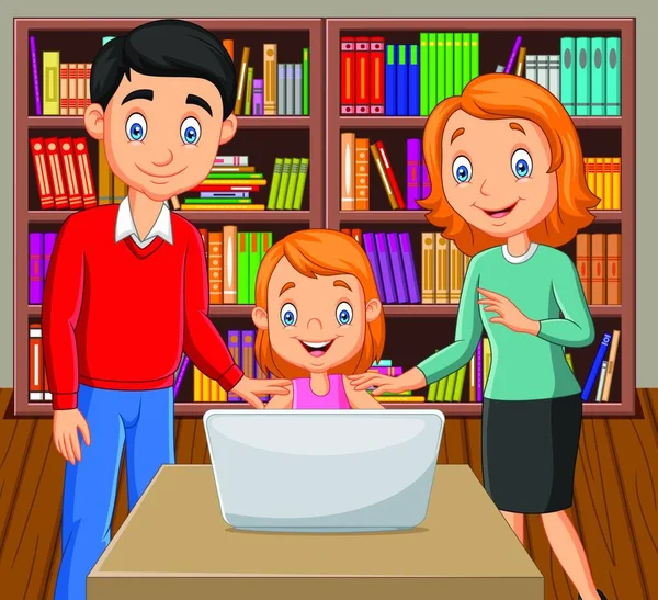 Cartoon Ευτυχισμένη Οικογένεια Βλέποντας Ένα Φορητό Υπολογιστή — Διανυσματικό Αρχείο