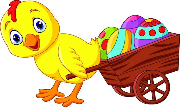 Cartoon Baby Chick Trekken Een Kar Vol Paaseieren — Stockvector