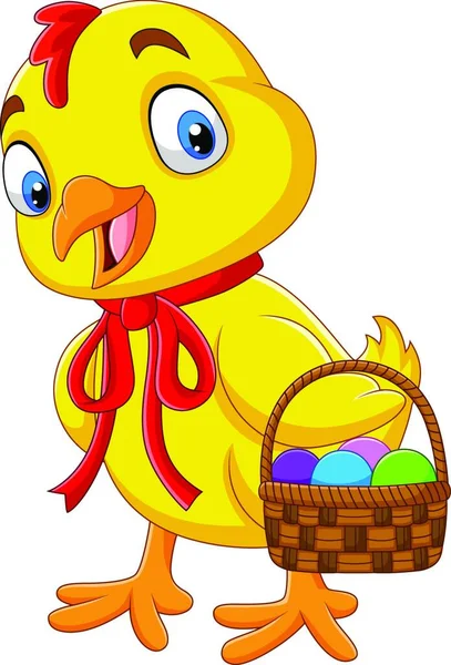 Cartoon Baby Chick Holding Basket Easter Egg — Stock Vector