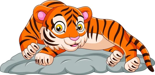 Tigre Dibujos Animados Acostado Sobre Piedra — Vector de stock