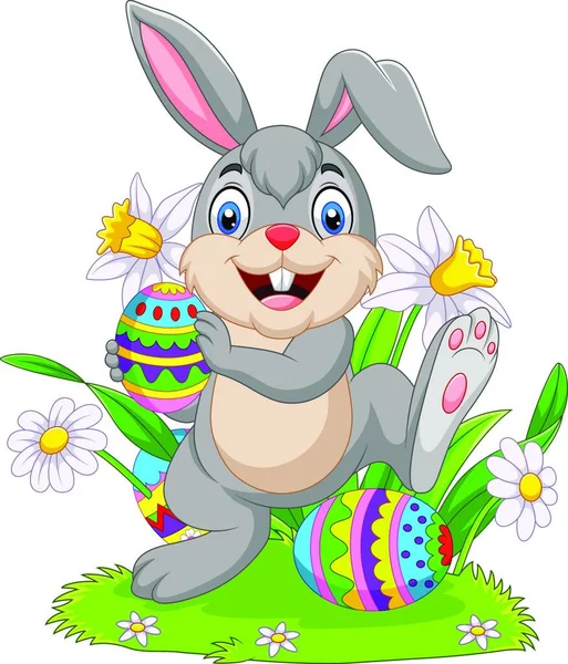 Conejo Pascua Con Huevos Decorados — Vector de stock