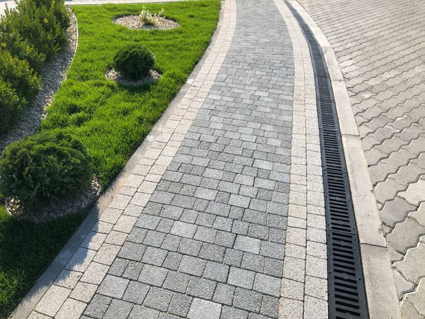 Vista Perspectiva Monotone Gray Brick Stone Ground Street Road Passeio — Fotografia de Stock