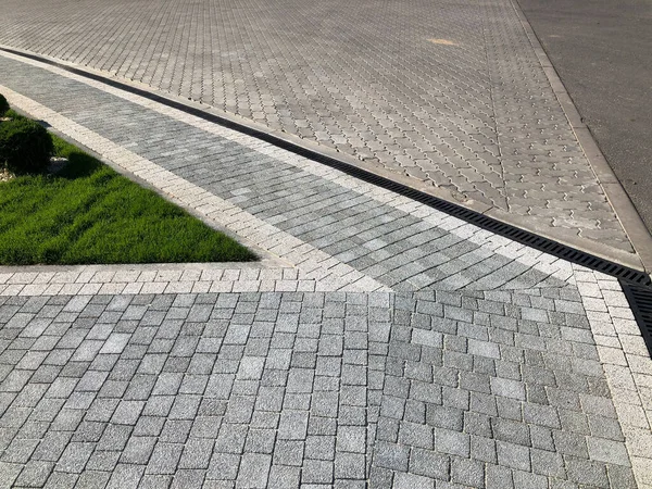 Perspective View Monotone Gray Brick Stone Ground Street Road Sidewalk — Stock Photo, Image
