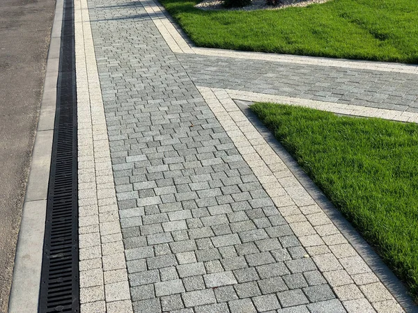 Perspective View Monotone Gray Brick Stone Ground Street Road Sidewalk — Stock Photo, Image